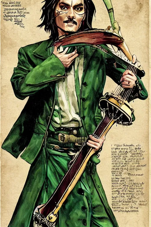 Image similar to Breathtaking comic book style of Johny Depp portrayed as a Dungeons and Dragons bard, playing the lute and wearing a pale green jacket in the style of Ralph Dorsey