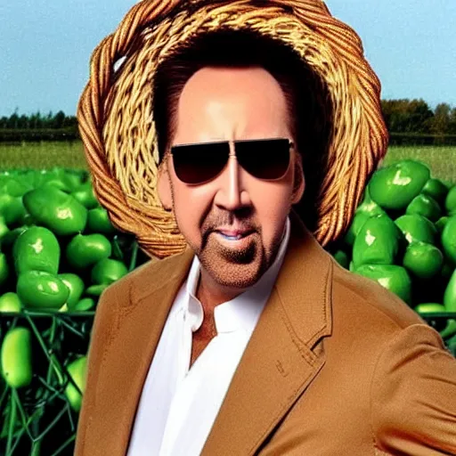 Prompt: nicolas cage wearing a wicker basket on head screaming a mouth full of peas
