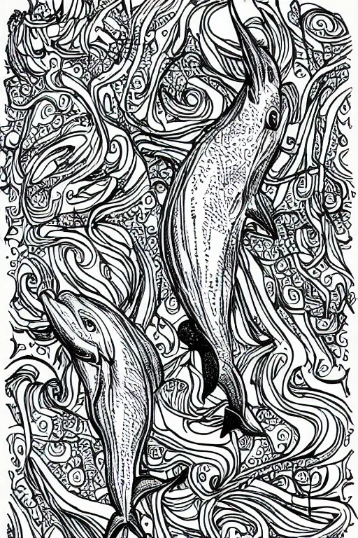 Prompt: dolphins, fractal, ink drawing, line art colouring page