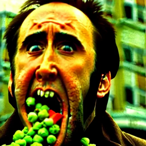 Image similar to nicolas cage screaming with a mouth full of peas, movie still, the wicker man