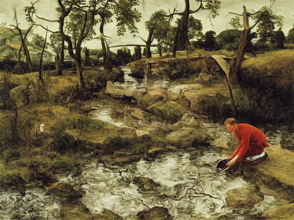 Prompt: Painter washing his brushes in a river in the afternoon. Painting by Lucas Cranach, Caspar David Friedrich, Lucian Freud.