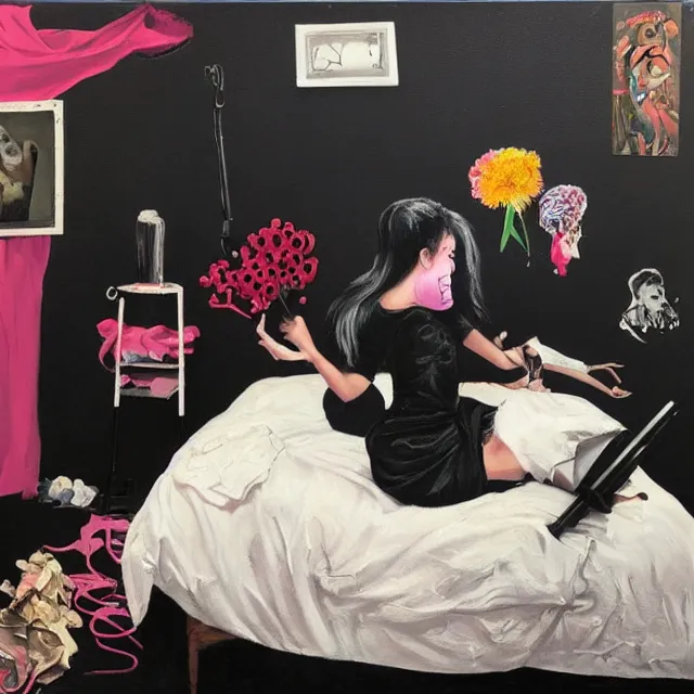 Image similar to a portrait in a female artist's bedroom, black walls, emo girl riding an inflatable pig, sheet music, berries, surgical supplies, pancakes, black flowers, sensual, octopus, neo - expressionism, surrealism, acrylic and spray paint and oilstick on canvas