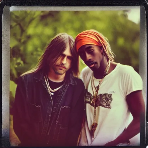 Image similar to Polaroid photograph of Kurt Cobain and Tupac Shakur, candid, annie leibovitz, detailed, XF IQ4, 150MP, 50mm, F1.4, ISO 200, 1/160s, natural light, Adobe Lightroom, photolab, Affinity Photo, PhotoDirector 365,