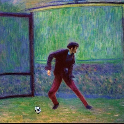 Prompt: monet painting of a skinny man playing warzone on an oversized computer, a soccer ball flying towards him from behind, highly detailed, realistic,