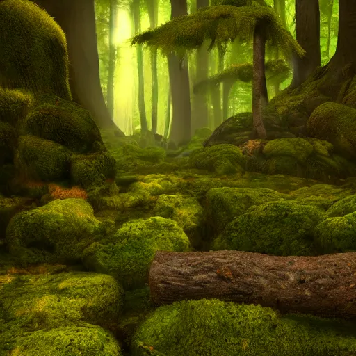 Image similar to fantasy forest, detailed painting, warm volumetric lighting, mossy logs