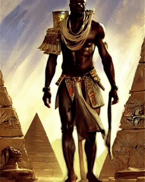 Image similar to concept art by anders zorn and craig mullins depicting djimon hounsou as a tall and very lean temple guard dressed in ancient egyptian decorative armor, flowing robes, harem pants, and leather strapped sandals