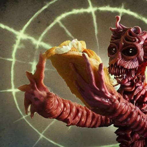 Prompt: the demogorgon eating a sandwich