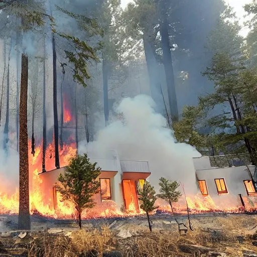 Image similar to a beautiful photo of a small hotel engulfed in a forest fire