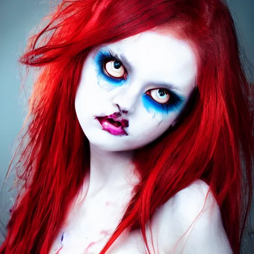 Prompt: portrait of a cute zombie girl with red hair and blue eyes