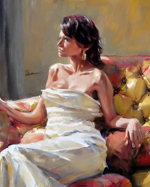 Prompt: a painting of a woman sitting on a couch, a fine art painting by michael garmash and richard s. johnson, deviantart, figurative art, detailed painting, oil on canvas, fine art
