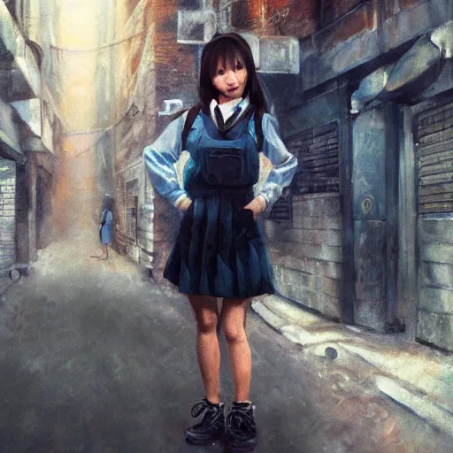 Image similar to a perfect, realistic professional oil painting of a Japanese schoolgirl posing in a dystopian alleyway, close-up, by a professional American senior artist on ArtStation, a high-quality hollywood-style concept