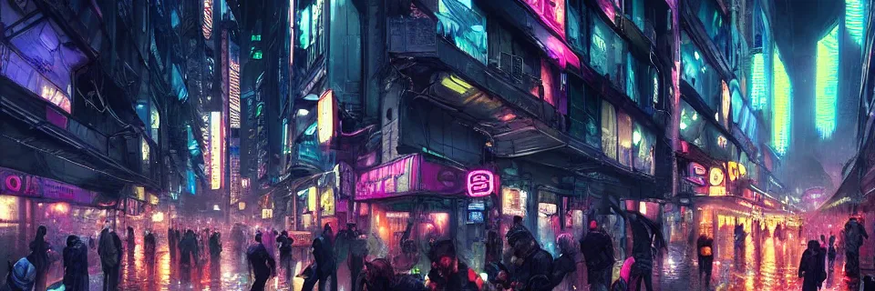 Image similar to overly crowded street of a cyberpunk city, rain, harsh neon lights, highly detailed, digital painting, trending on artstation, concept art, sharp focus, illustration, art by artgerm and greg rutkowski and magali villeneuve