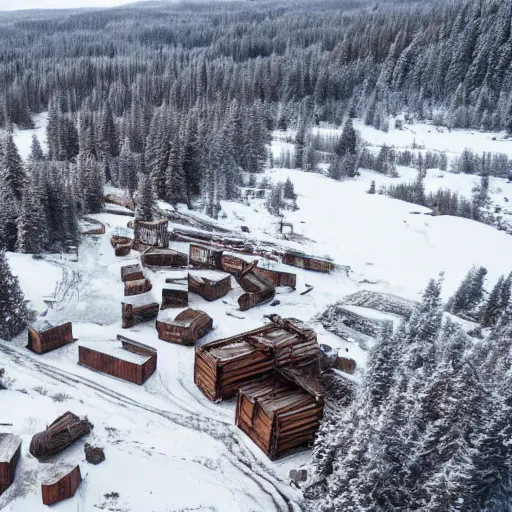 Image similar to top down drone footage of post pocaliptic frostpunk landscape, old lumber mill and few trees remains, crates with wood and supply, beautiful icy area