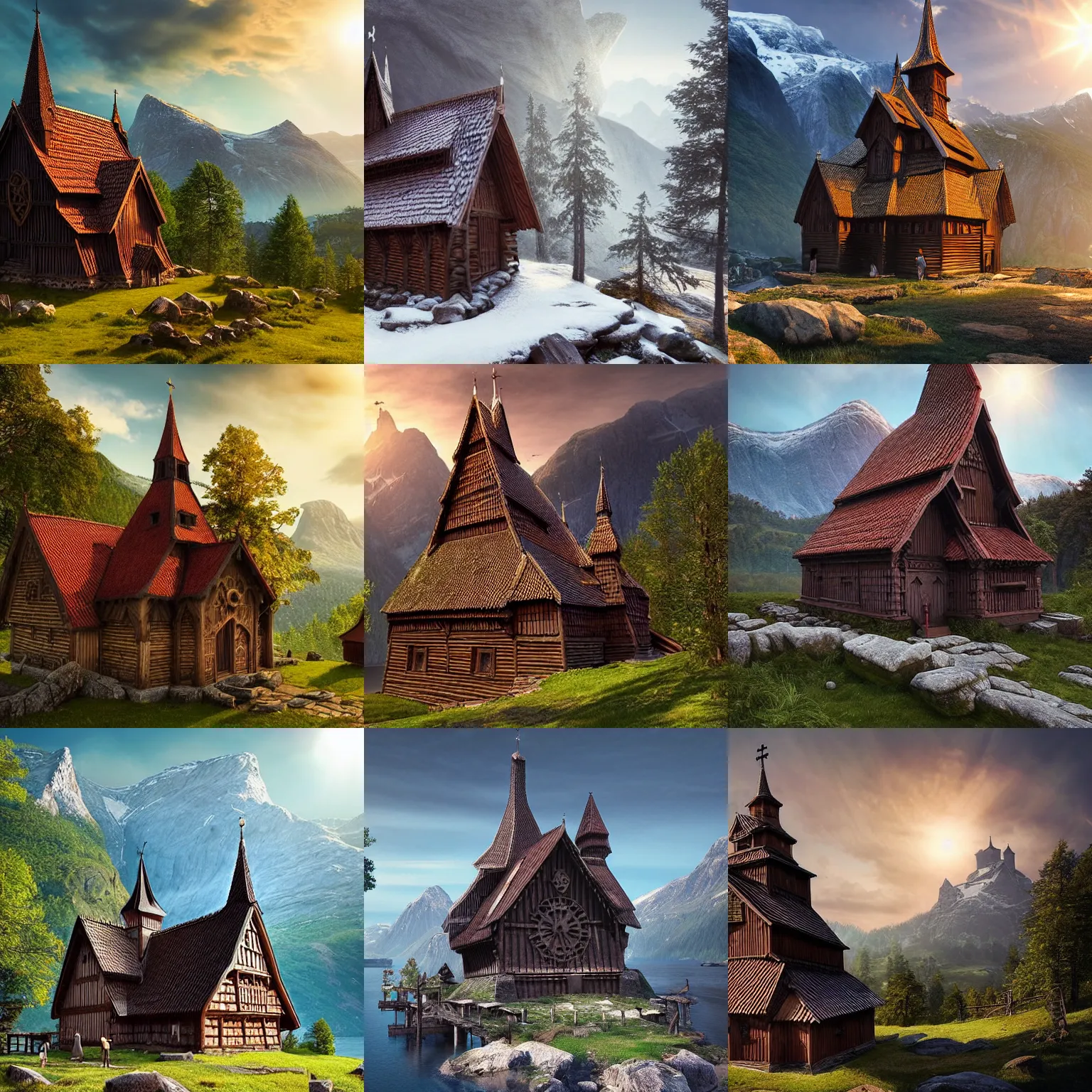 Prompt: Hopperstad Stave Church, medieval wooden church by norwegian fjord, beautiful scenery, mountains, sea, rocks, a matte painting by Filip Hodas, featured on cgsociety, magical realism, matte painting, anamorphic lens flare, concept art