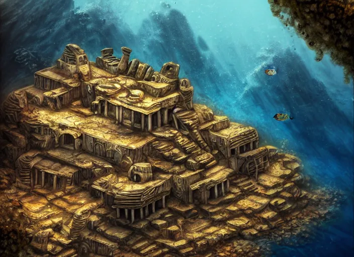 Image similar to ancient ruins favela, underwater environment, scenery, professional, award - winning, trending on artstation, hyper detailed, realistic, beautiful, emotional, shiny, golden, picture