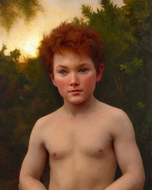 Image similar to beautiful glorious realistic oil painting of young conan 0'brien, bokeh, baroque style by bouguereau, sunset, highly detailed, 8 k intricate