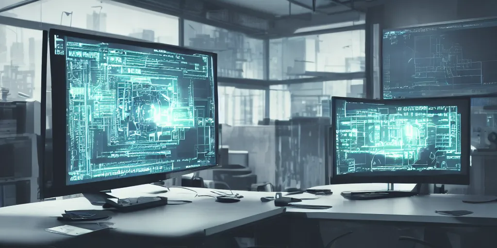 Image similar to cinematic macro photograph of a orwellian desktop monitor in an urban office setting with graphs shown as blueprints and schematic drawings on the screen, ultra realistic, by cedric peyravernay, by kilian eng, intracate detail, digital painting, minimal art style, mirrors edge art style, cinematic lighting, artstation, cgsociety, octane render, 3 5 mm film grain