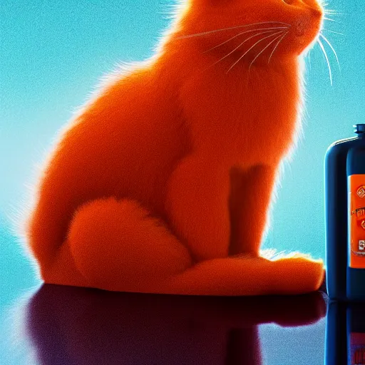 Prompt: a fluffy orange cat standing next to a bottle of medicine. animal. digital art. artstation. illustration. octane render.