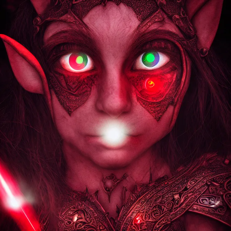 Prompt: A fantasy warrior elf having glowing red eyes, still film, 35 mm lens, intricate, protrait, gloomy background, sharp focus, digital art