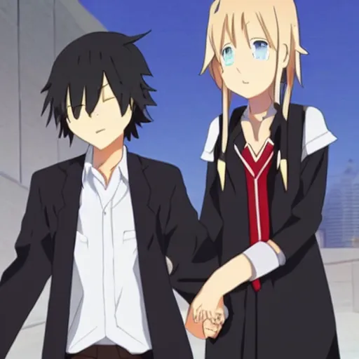 Prompt: Hikigaya Hachiman holding hands with Zero Two