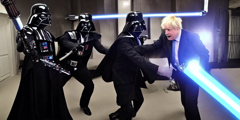 Image similar to boris johnson in a intense light saber battle with darf vader