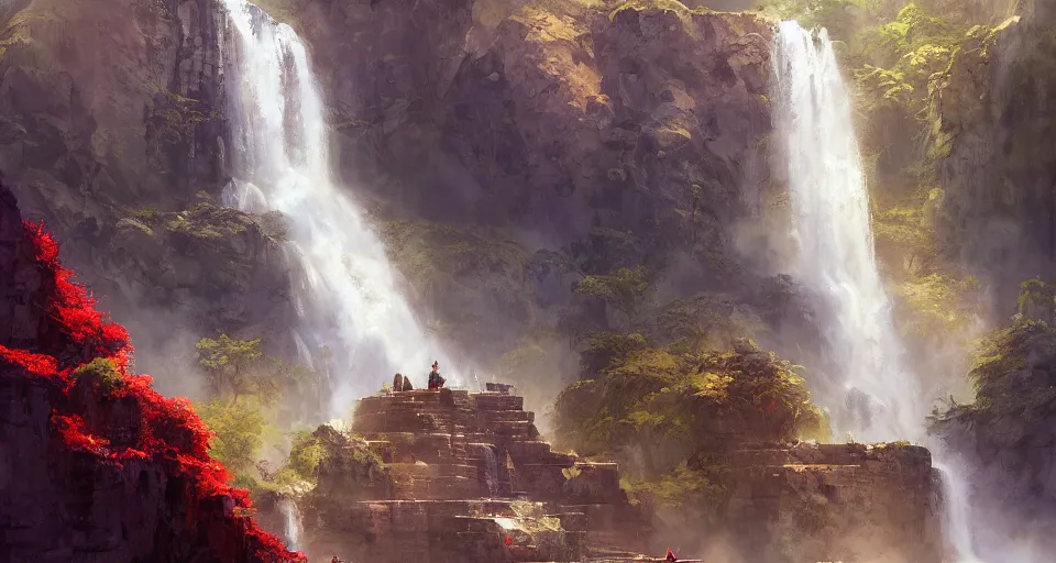 Image similar to A beautiful digital painting aztek temple, waterfall, lovely valley by Stanley Artgerm Lau, frank frazetta, Rossdraws, James Jean, gerald brom, Andrei Riabovitchev, Marc Simonetti, and Sakimichan, trending on artstation