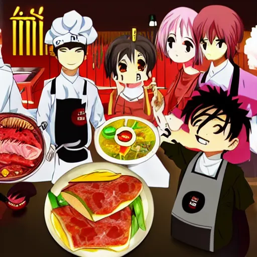 Prompt: anime human meat restaurant, horror, nightmare, cook, food, cooking
