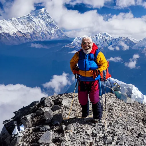 Image similar to elderly man on the summit of mount everest, smiling, happy, everest, mountain climbing, snow, cold, peak, summit, canon eos r 3, f / 1. 4, iso 2 0 0, 1 / 1 6 0 s, 8 k, raw, unedited, symmetrical balance, wide angle