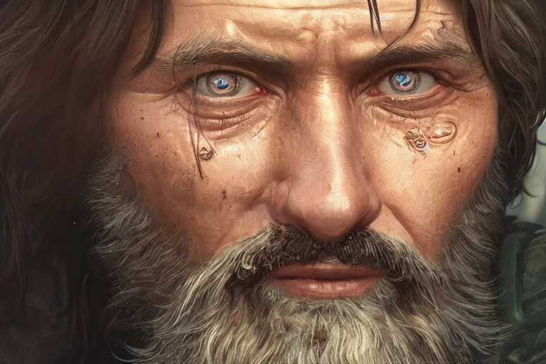 Image similar to close up portrait painting of a bearded survivor, ultra realistic, concept art, intricate details, serious, highly detailed, photorealistic, octane render, 8 k, unreal engine. art by artgerm and greg rutkowski and alphonse mucha