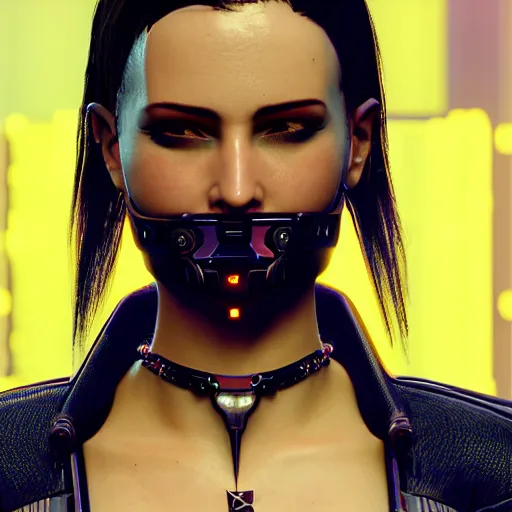 Prompt: female V from Cyberpunk 2077 wearing spiked choker, collar, choker, punk, collar, 4K, realistic, futuristic, collar, choker, spiked collar,