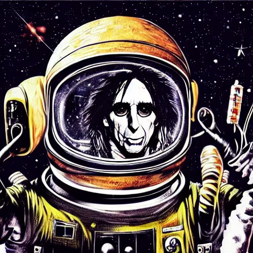 Image similar to graphic illustration, creative design, alice cooper as an astronaut, biopunk, francis bacon, highly detailed, hunter s thompson, concept art