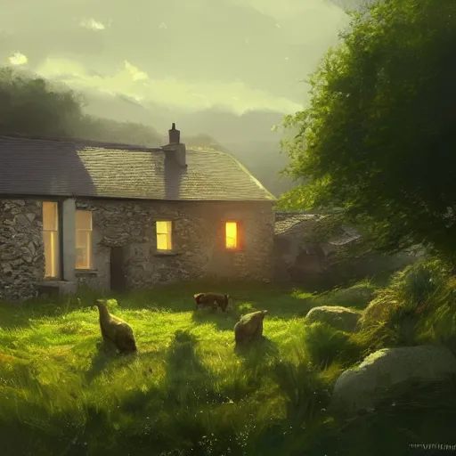 Prompt: small irish homestead in the countryside, 4 k, concept art, by wlop, ilya kuvshinov, artgerm, krenz cushart, greg rutkowski, pixiv. cinematic dramatic atmosphere, sharp focus, volumetric lighting, cinematic lighting, studio quality