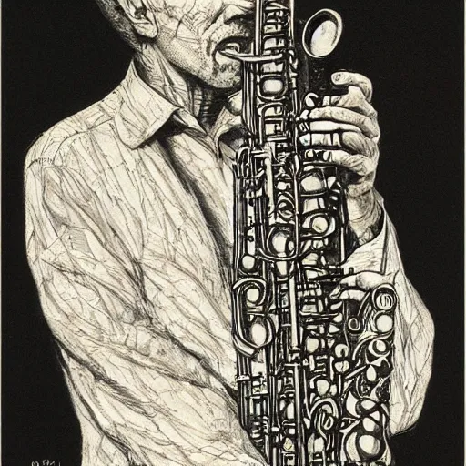 Prompt: saxophonist by ed fairburn, joseph clement coll, franklin booth
