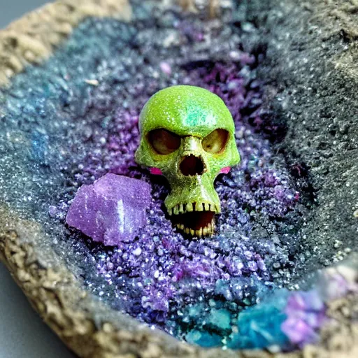 Image similar to tiny dinosaur skeleton inside a geode of colored crystals