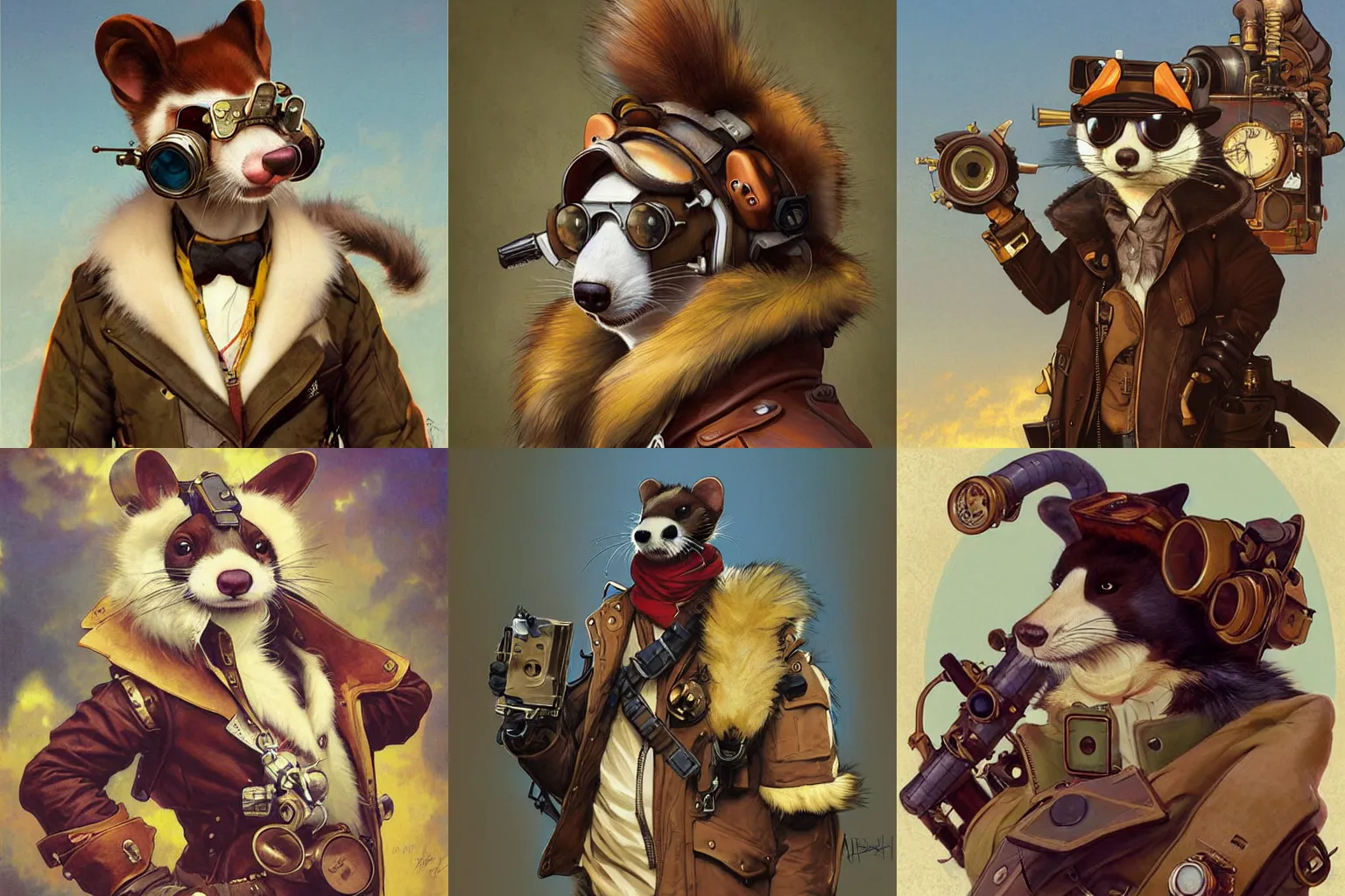 Prompt: furry anthropomorphic ferret fursona steampunk aviator. Renowned character illustration by greg rutkowski, thomas kindkade, alphonse mucha, loish, norman rockwell. Trending on furaffinity. Digital Art