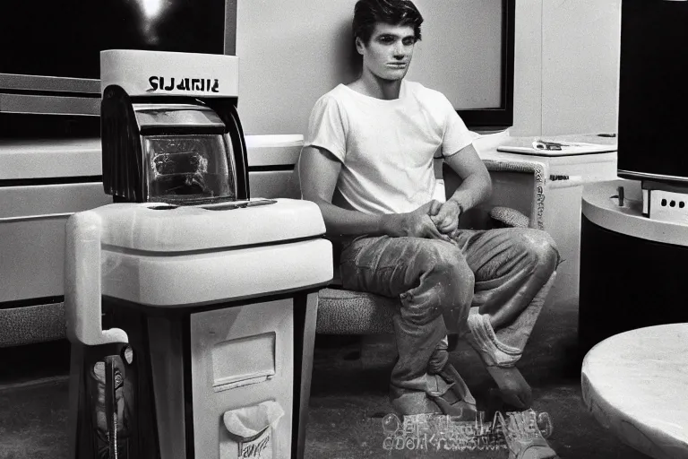 Image similar to an extremely realistic life-sized slushie machine made of porcelain, handsome male model sitting on a gray couch, from 1985, bathed in the glow of a television, low-light photograph