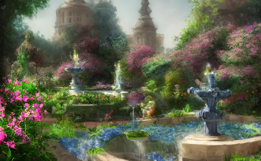 Prompt: Beautiful garden, next to a fountain and a mystical palace. By William-Adolphe Bouguerea, Jordan grimmer, fractal flame. Highly_detailded