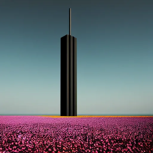 Image similar to A very tall black column stands in the middle of an infinite plain covered with colorful flowers