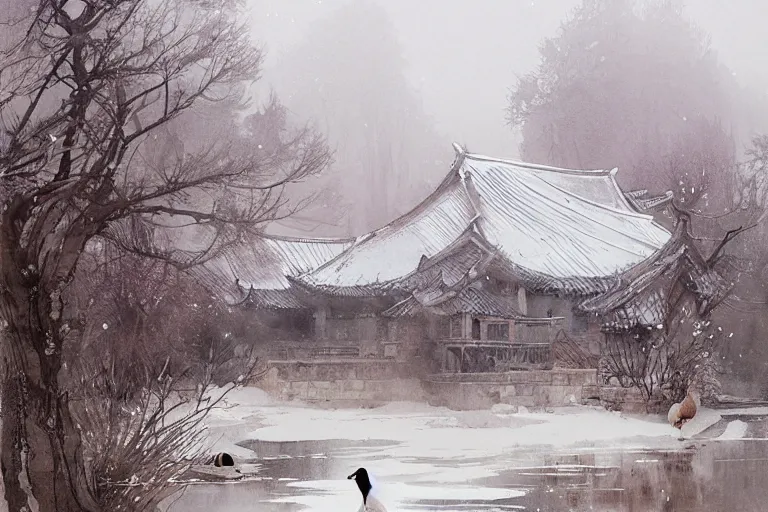 Image similar to a big mean goose, chinese village, trees, school, snow and winter watercolor, artastation ， soft lighting. by wenjun lin, tony sandoval