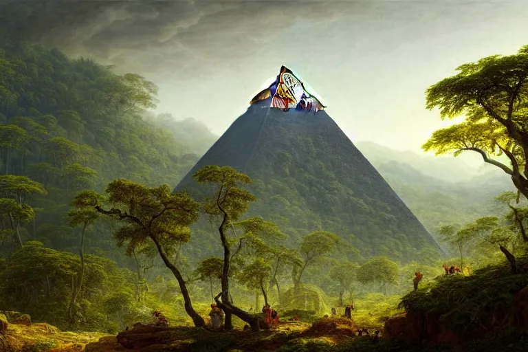 Prompt: a beautiful and highly detailed digital painting of a small distant pyramid in the centre of a massive lush mountainous jungle, intricate details, epic scale, hyperdetailed, hyperrealism, artstation, cgsociety, 8 k, sharp focus, by caspar friedrich, albert bierstadt, james gurney,