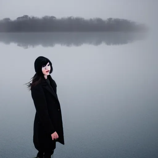 Image similar to a tall white girl with black hair and bangs wearing a black winter coat photographed in front of a frozen lake in Denmark, foggy blue weather, hd, 8k,