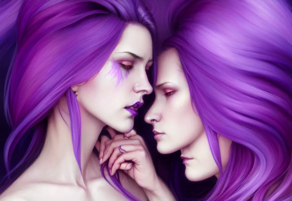 Image similar to Purple hair relistic Portrait of a two woman with bright colored flying hair, all shades of purple. Beauty face, Hair coloring, fantasy, intricate, elegant, highly detailed, digital painting, artstation, concept art, smooth, sharp focus, illustration, art by artgerm and greg rutkowski and alphonse mucha