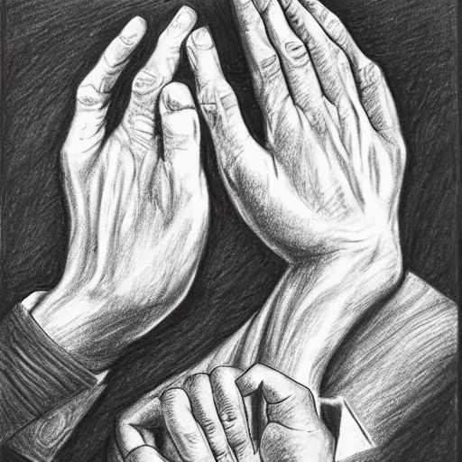 Image similar to M.C. Escher two hands drawing each other, black and white pencil sketch of real hands drawing themselves