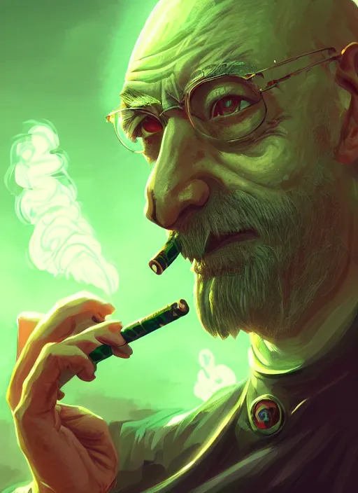 Image similar to a highly detailed illustration of bald old man smoking with green glowing eyes, dramatic standing pose, nuclear background, intricate, elegant, highly detailed, centered, digital painting, artstation, concept art, smooth, sharp focus, league of legends concept art, wlop.