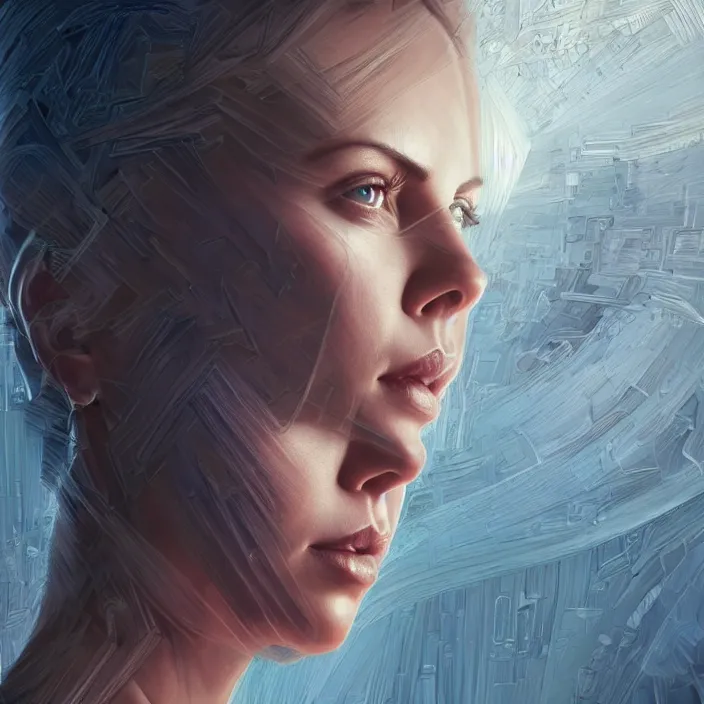 Image similar to portrait of charlize theron as a nurse. intricate abstract. intricate artwork. by tooth wu, wlop, beeple, dan mumford. octane render, trending on artstation, greg rutkowski very coherent symmetrical artwork. cinematic, hyper realism, high detail, octane render, 8 k, iridescent accents