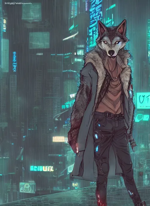 Image similar to character portrait of a male anthro wolf fursona with a tail and a cute beautiful attractive detailed furry face wearing stylish cyberpunk clothes in a cyberpunk city at night while it rains. hidari, color page, tankoban, 4K, tone mapping, Akihiko Yoshida. Nomax, Kenket, Rukis.