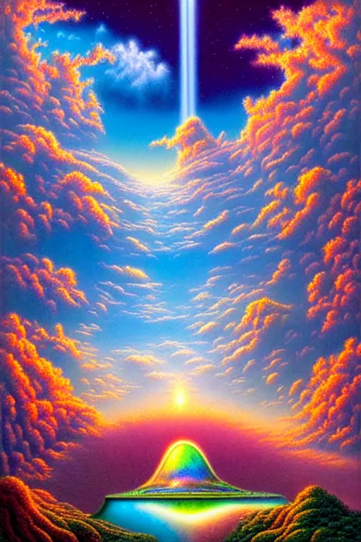 Prompt: a photorealistic detailed cinematic image of a beautiful vibrant iridescent future for human evolution, spiritual science, divinity, utopian, cumulus clouds, ornate retreat, resort for the soul, wildlife preservation, waterfall, isometric, by tim white, hana faith yata, david a. hardy, kinkade, lisa frank, wpa, public works mural, socialist