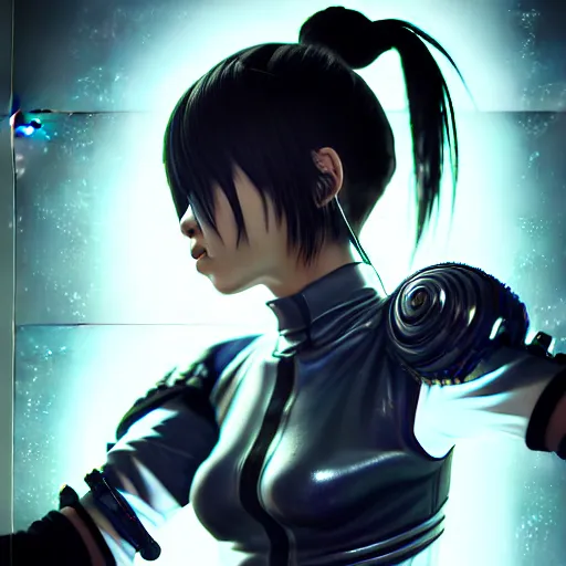 Image similar to An epic comic hyperrealistic anime painting of a cyber warrrior girl wearing futuristic wardrobe, black and silver, ultradetailed face expression trending on artstation and artbreeder, cyberpunk 2077 color, heavy rainning at tokyo street night, neon ligh, DAZ, 8k, unreal 5 engine render, cosplay, RPG portrait, final fantasy Vll world concept, dramatic lighting, rim lights, PS5 render quality