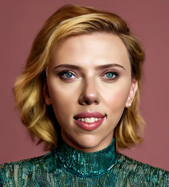 Image similar to beautiful portrait photo of Scarlett Johansson, slight smile, 85mm, teal studio backdrop