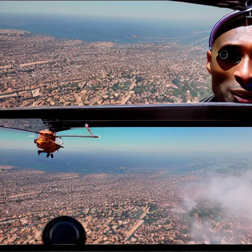 Image similar to selfie of kobe bryant in a helicopter, smoke around him, 8k resolution, hyper detailed, shot in the air